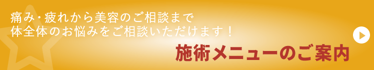 痛み・疲れから美容のご相談まで体全体のお悩みをご相談いただけます！施術メニューのご案内